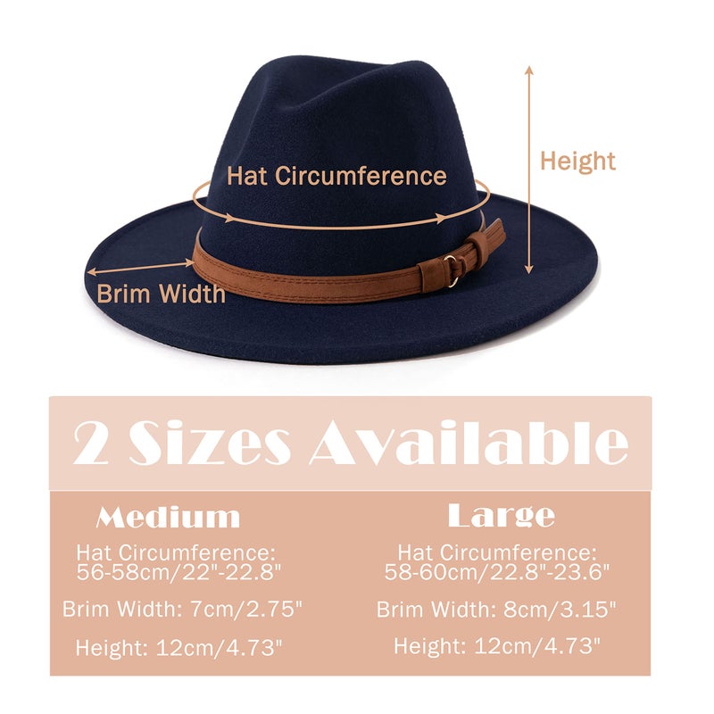 Lisianthus Men & Women Vintage Wide Brim Fedora Hat with Belt Buckle A-Navy Blue 59-60cm - Image 4